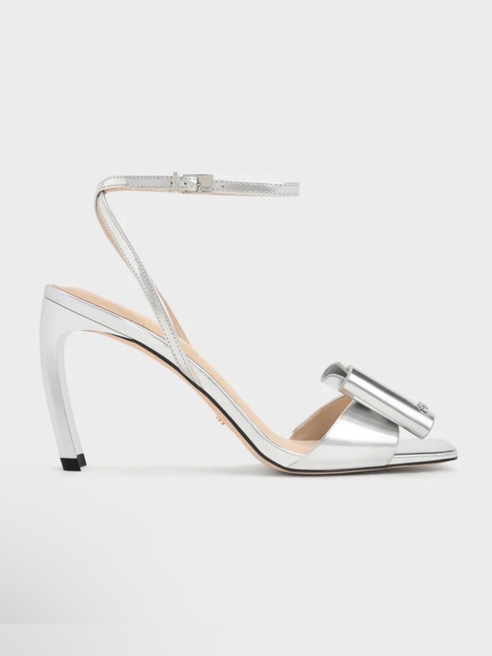 Charles & Keith Lu Patent Leather Bow Blade-Heel Sandals, silver, 36, new